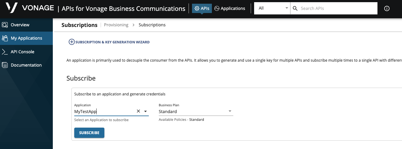 Screenshot showing how to subscribe your Application to the Provisioning API